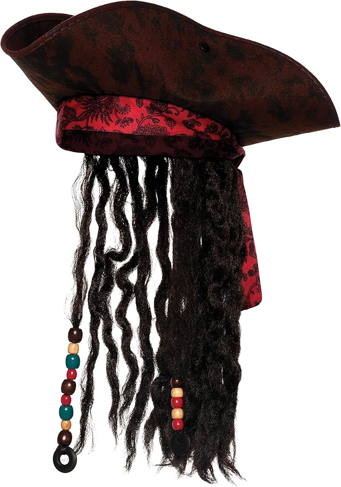 Pirate hat with red band and black wig on a white background