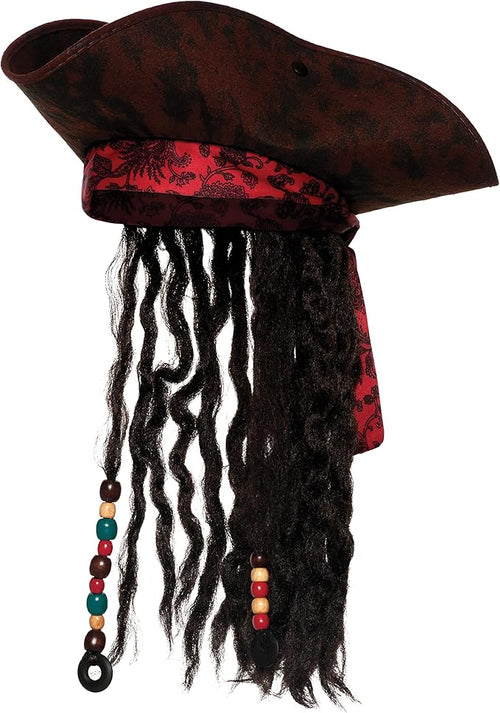 Pirate hat with red band and black wig on a white background