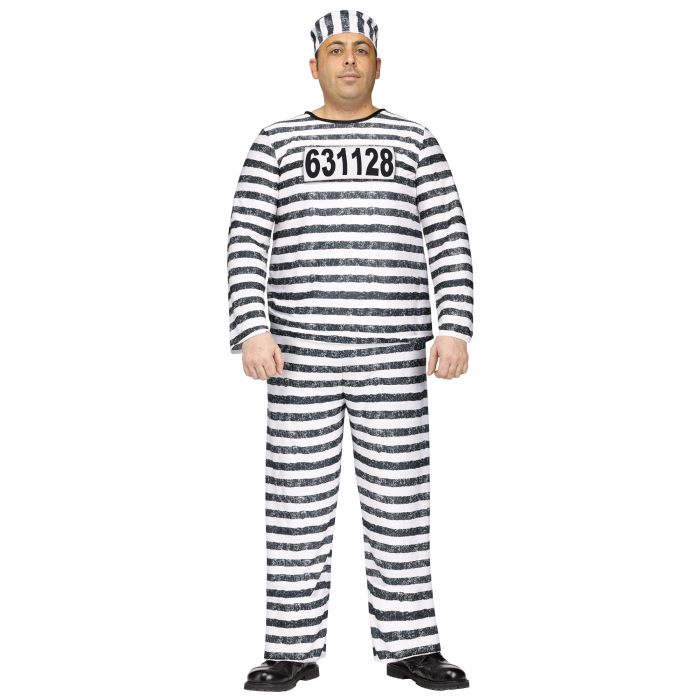 A man modeling a black and white horizontally striped prisoner costume jumpsuit with a matching striped hat, featuring the number 631128 printed on the chest.