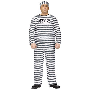 A man modeling a black and white horizontally striped prisoner costume jumpsuit with a matching striped hat, featuring the number 631128 printed on the chest.