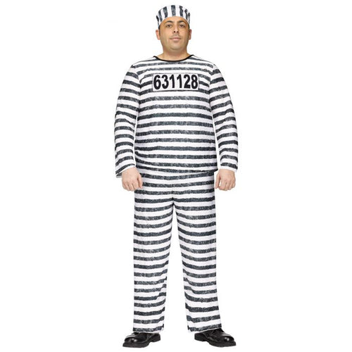 A man modeling a black and white horizontally striped prisoner costume jumpsuit with a matching striped hat, featuring the number 631128 printed on the chest.