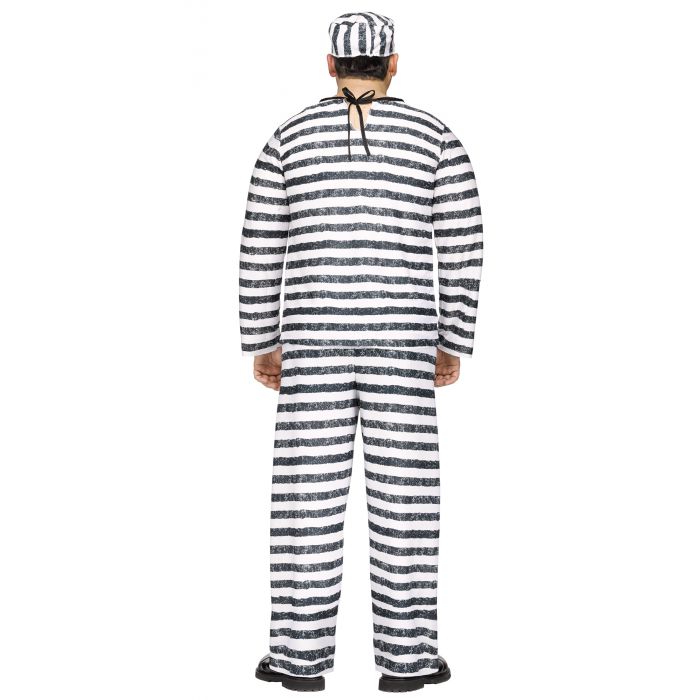 A man wearing a black and white striped prisoner costume jumpsuit and matching striped cap, shown from the back against a plain white background.