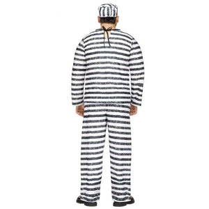 A man wearing a black and white striped prisoner costume jumpsuit and matching striped cap, shown from the back against a plain white background.
