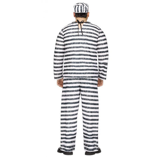A man wearing a black and white striped prisoner costume jumpsuit and matching striped cap, shown from the back against a plain white background.