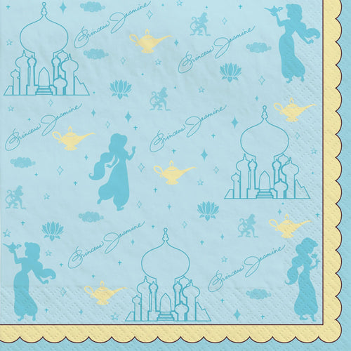 Disney Princess Jasmine-themed paper napkin with silhouettes and text on a light blue background.