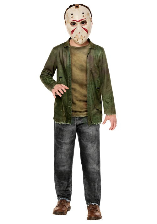 A child modeling a Jason Voorhees costume consisting of a hockey mask, a distressed green jacket, a brown shirt, dark gray jeans, and brown shoes, photographed against a solid white background.
