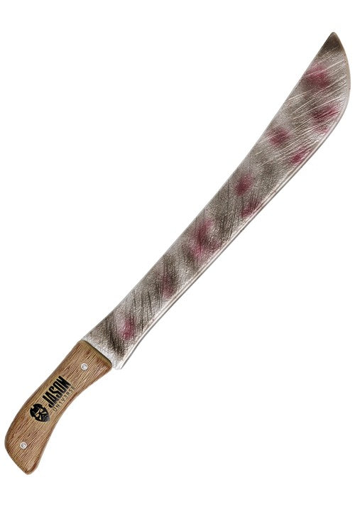 A toy machete prop with a silver blade featuring red splatter details and a brown faux-wood handle printed with the name 'AUSLIN' and a skull logo, shown on a plain white background.