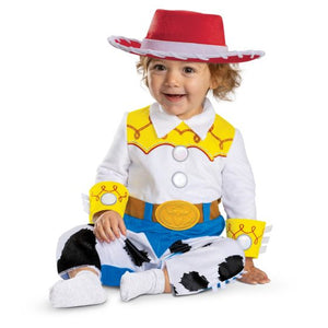 Child wearing a Woody costume from Toy Story on a white background