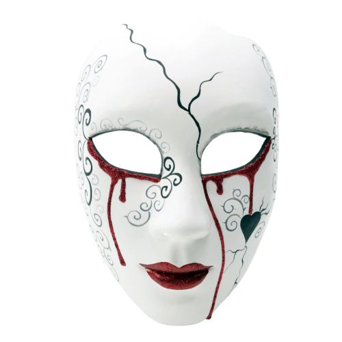 White mask with red and black details on a white background