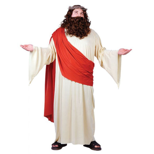 A man wearing a Jesus-style costume with a long cream robe, red draped sash, brown wig, and crown of thorns, posed with arms outstretched against a plain white background.