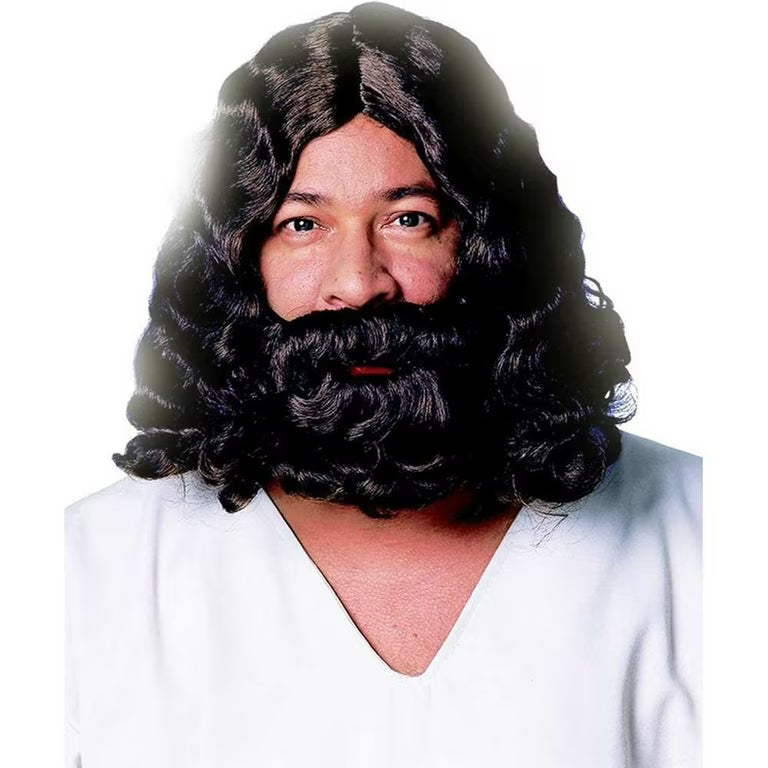 Person wearing a black wig and beard set on a white background