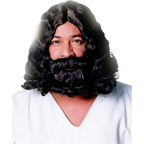Person wearing a black wig and beard set on a white background