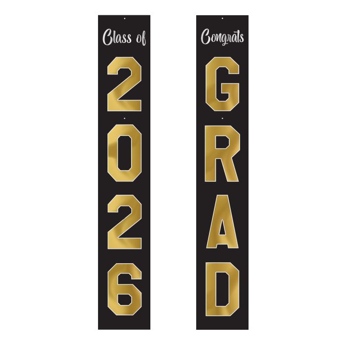 Two black vertical banners with gold text 'Class of 2026' and 'Congrats GRAD' on a white background.