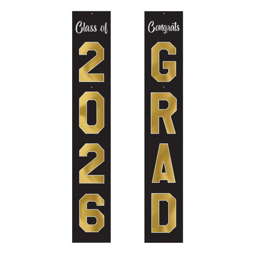 Two black vertical banners with gold text 'Class of 2026' and 'Congrats GRAD' on a white background.