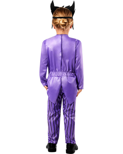 Person wearing a purple costume with black shoes on a white background