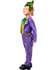 Child wearing a colorful costume with a purple suit and green hairpiece on a white background