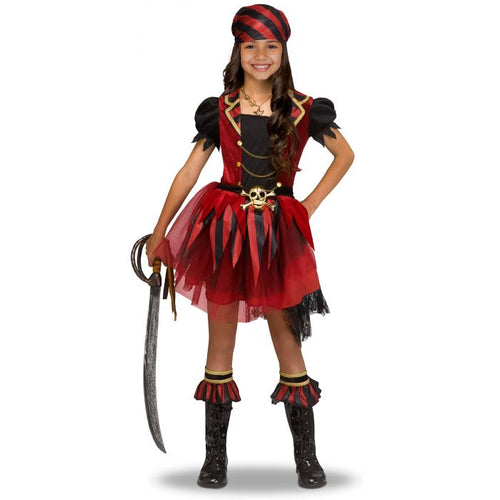 Child in a pirate costume with a red and black dress, turban, and sword on a white background