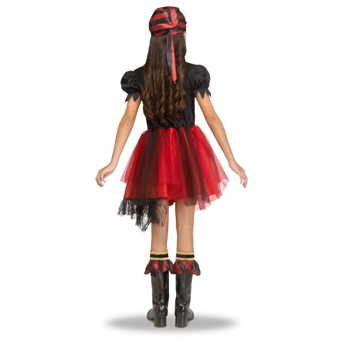 Child wearing a red and black costume with a tutu on a white background