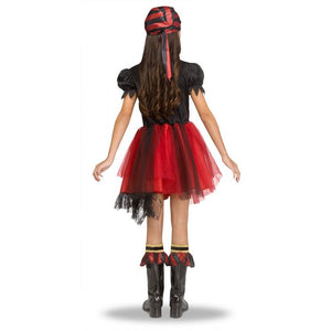 Child wearing a red and black costume with a tutu on a white background