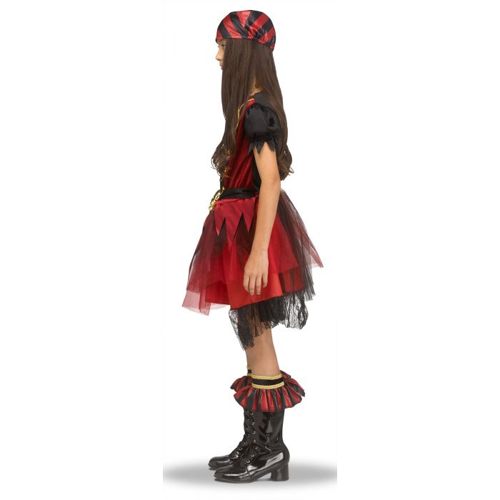 Child wearing a red and black costume with a tutu on a white background