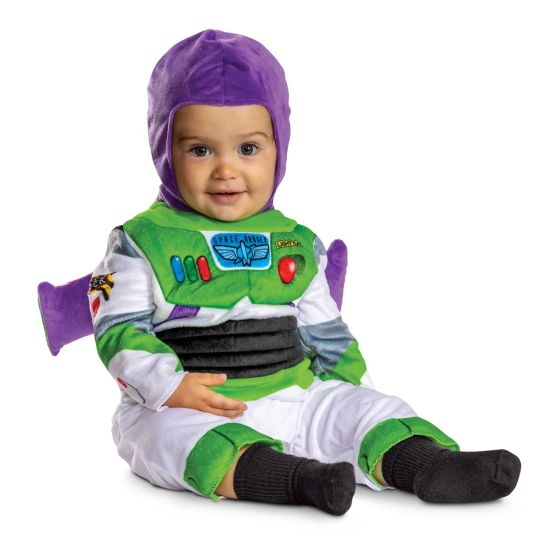 Child wearing a Buzz Lightyear costume on a white background