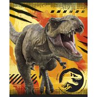 Dinosaur illustration with a fiery background and logo