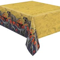 Yellow tablecloth with a colorful border featuring people and animals on a plain background