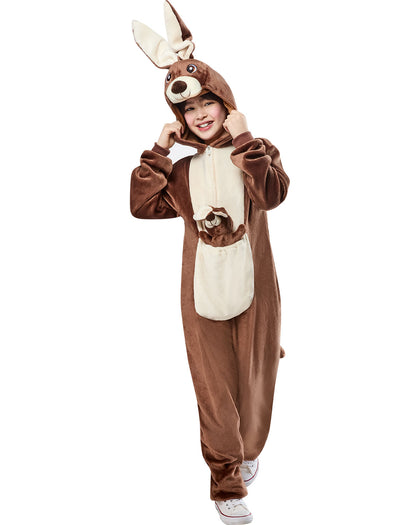 Child wearing a brown animal onesie on a white background