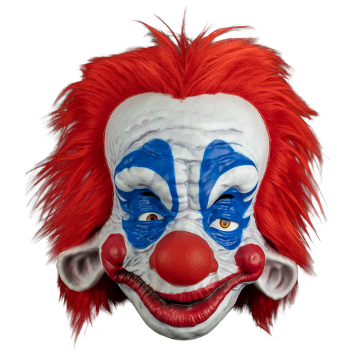 Clown mask with red hair, white face, blue accents, and red nose on a white background