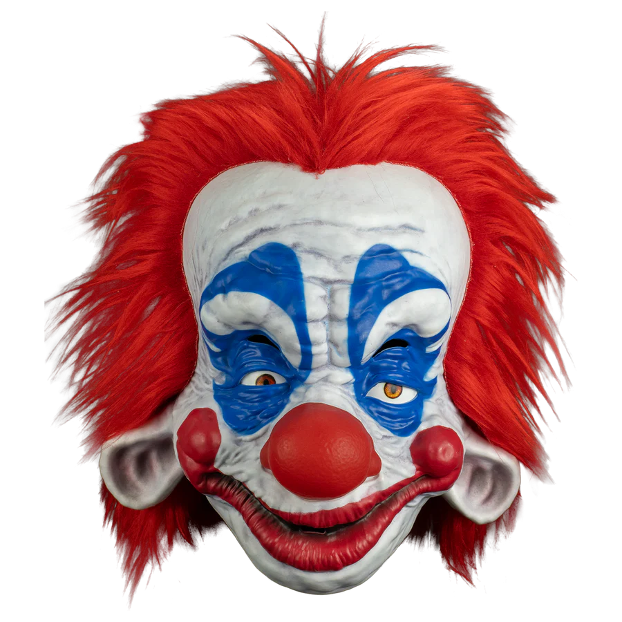 Clown mask with red hair, white face, blue accents, and red nose on a white background