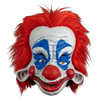 Clown mask with red hair, white face, blue accents, and red nose on a white background