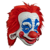 Clown mask with red hair, white face, and blue accents on a white background