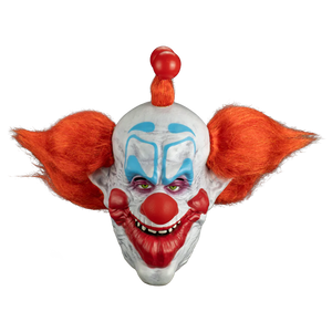 Clown mask with red hair, white face, and red nose on a white background