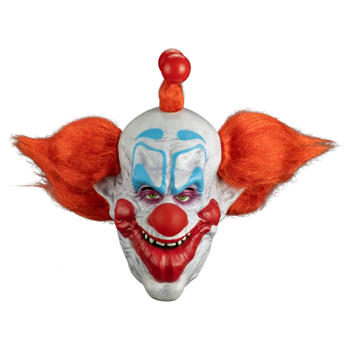 Clown mask with red hair, white face, and red nose on a white background