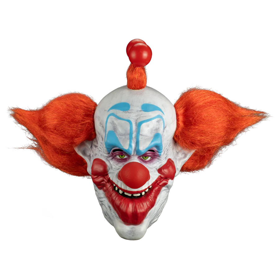 Clown mask with red hair, white face, and red nose on a white background