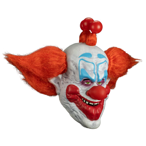 Clown mask with red hair and white face with blue accents on a white background