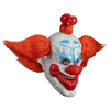 Clown mask with red hair and white face with blue accents on a white background