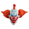 Clown mask with red hair, white face, and red nose on a white background