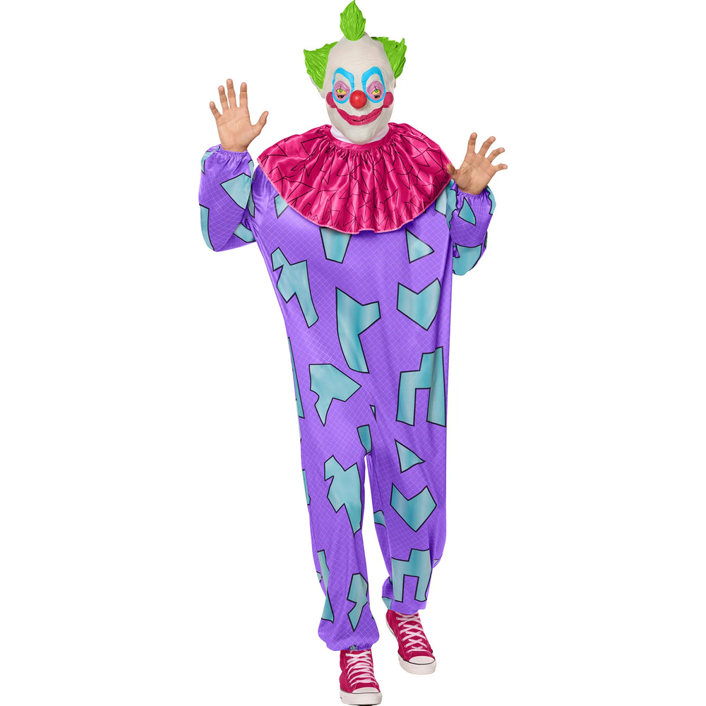 Person wearing a colorful clown costume with a purple outfit and green accents on a white background