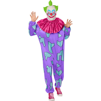 Person wearing a colorful clown costume with a purple outfit and green accents on a white background