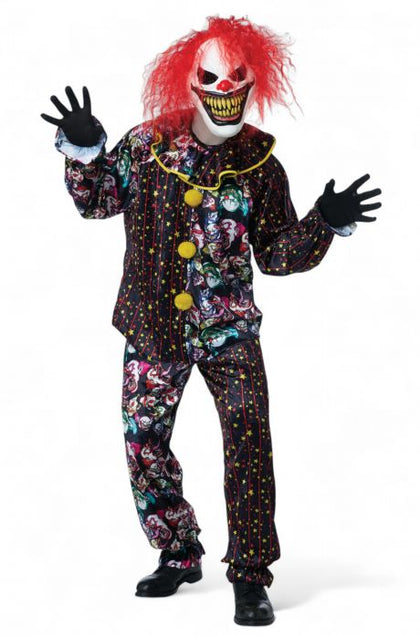 Person wearing a colorful clown costume with a white background
