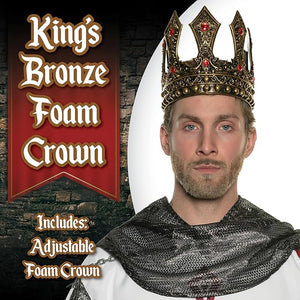Man wearing a decorative foam crown with 'King's Bronze Foam Crown' text and product details.