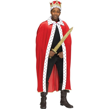 Person wearing a king costume with a red cape, crown, and sword on a white background