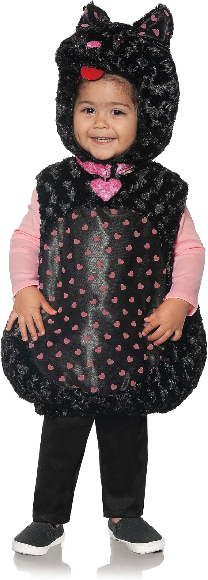Child wearing a black cat costume with pink heart details