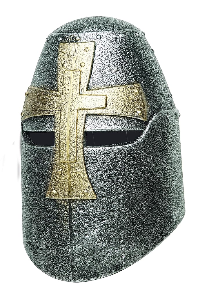 Medieval knight helmet with gold cross design on a white background
