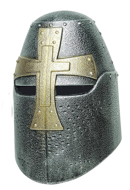 Medieval knight helmet with gold cross design on a white background
