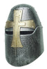 Medieval knight helmet with gold cross design on a white background