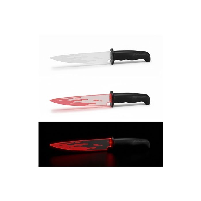 Knife with black handle and red blade glow in the dark feature on a white background.