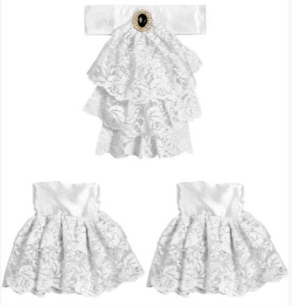 Set of white lace pet clothing with a headband on a white background