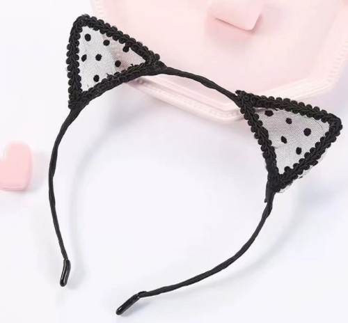 Black cat ear headband with mesh design on a white background